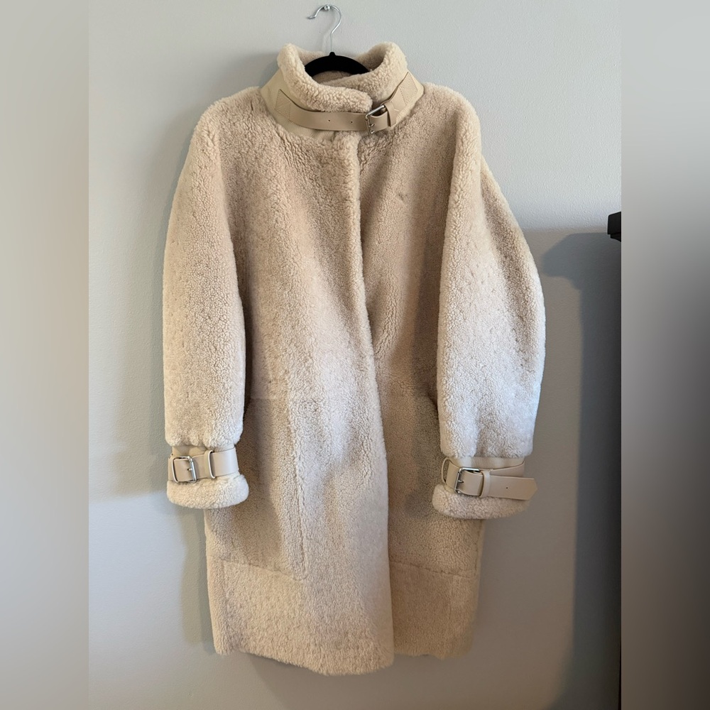 Maje Cream Teddy Jacket with Buckle Details